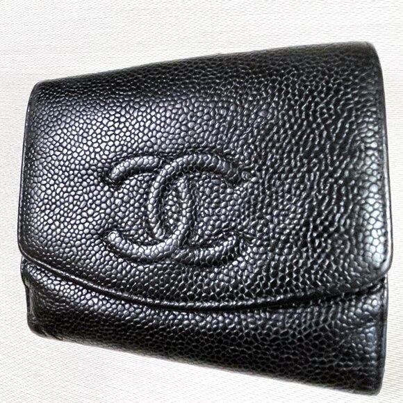 Chanel black caviar leather CC Logo trifold wallet on chain - Picture 4 of 13